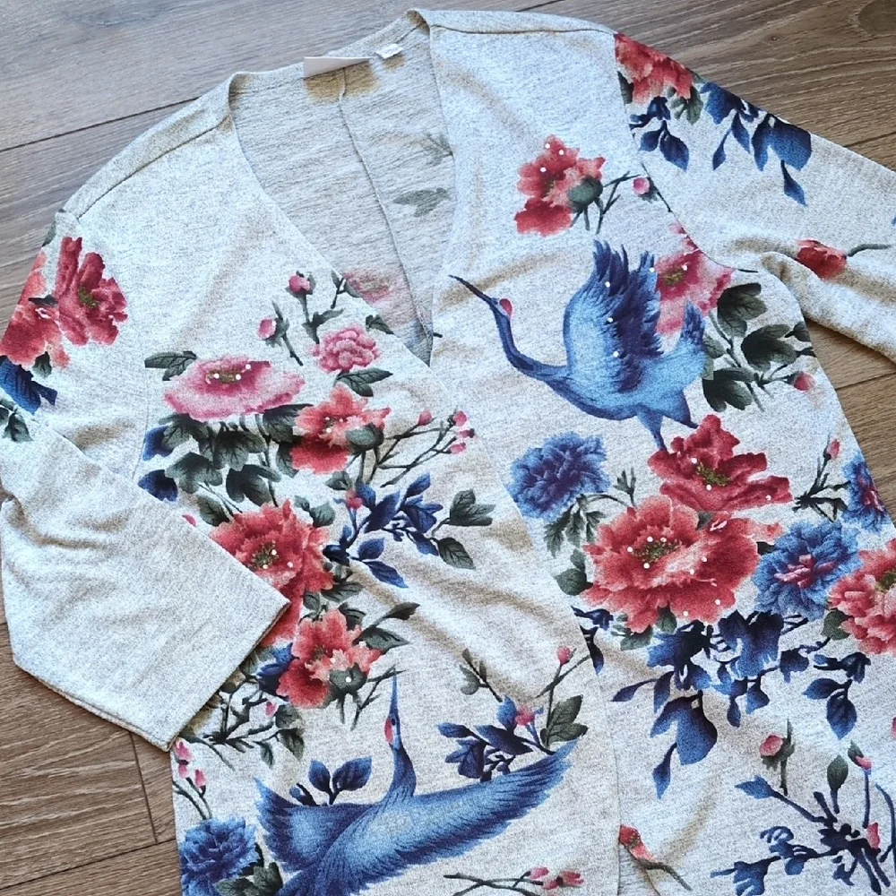 Quacker Factory Open Front Cardigan Sweater - Pink Blue Gray Floral‎ Birds - L